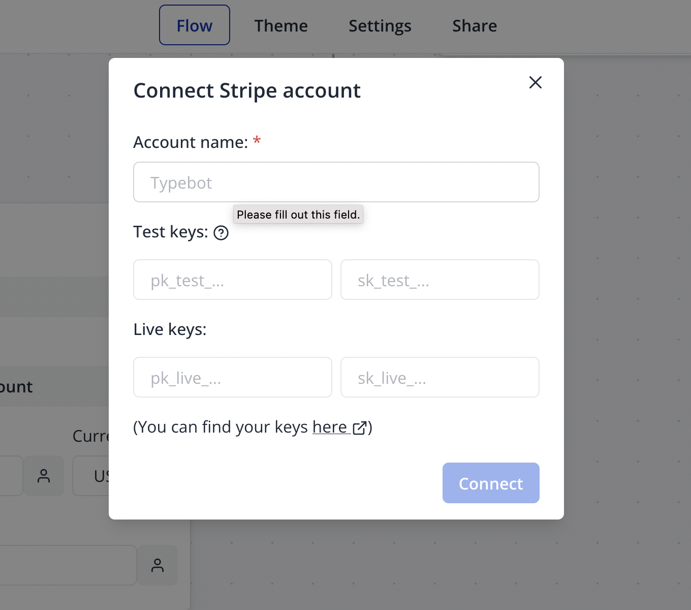 Configuring Stripe account in the Payment input block
