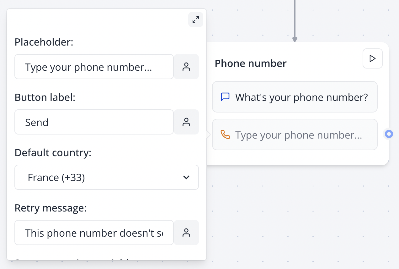 Configuring the Phone Number input block in the Flow Editor