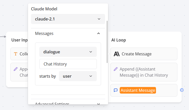 Using the Dialogue message type with Claude AI in the Flow Editor
