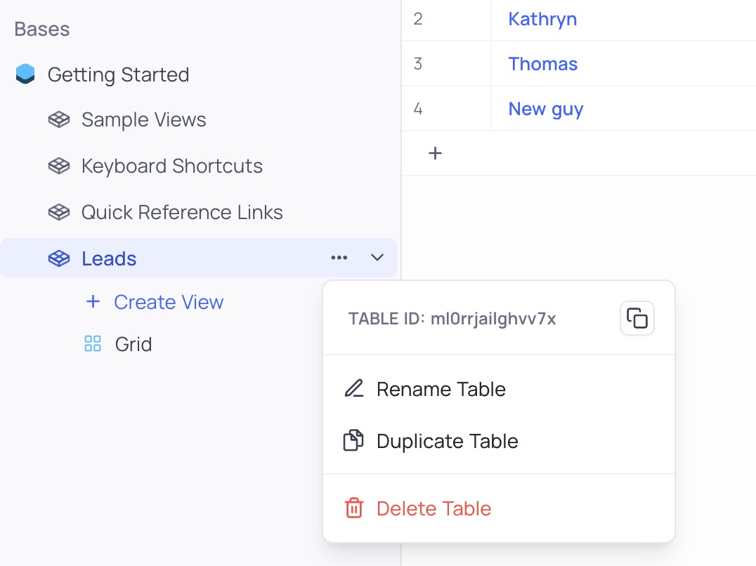 Locating the Table ID in the NocoDB dashboard