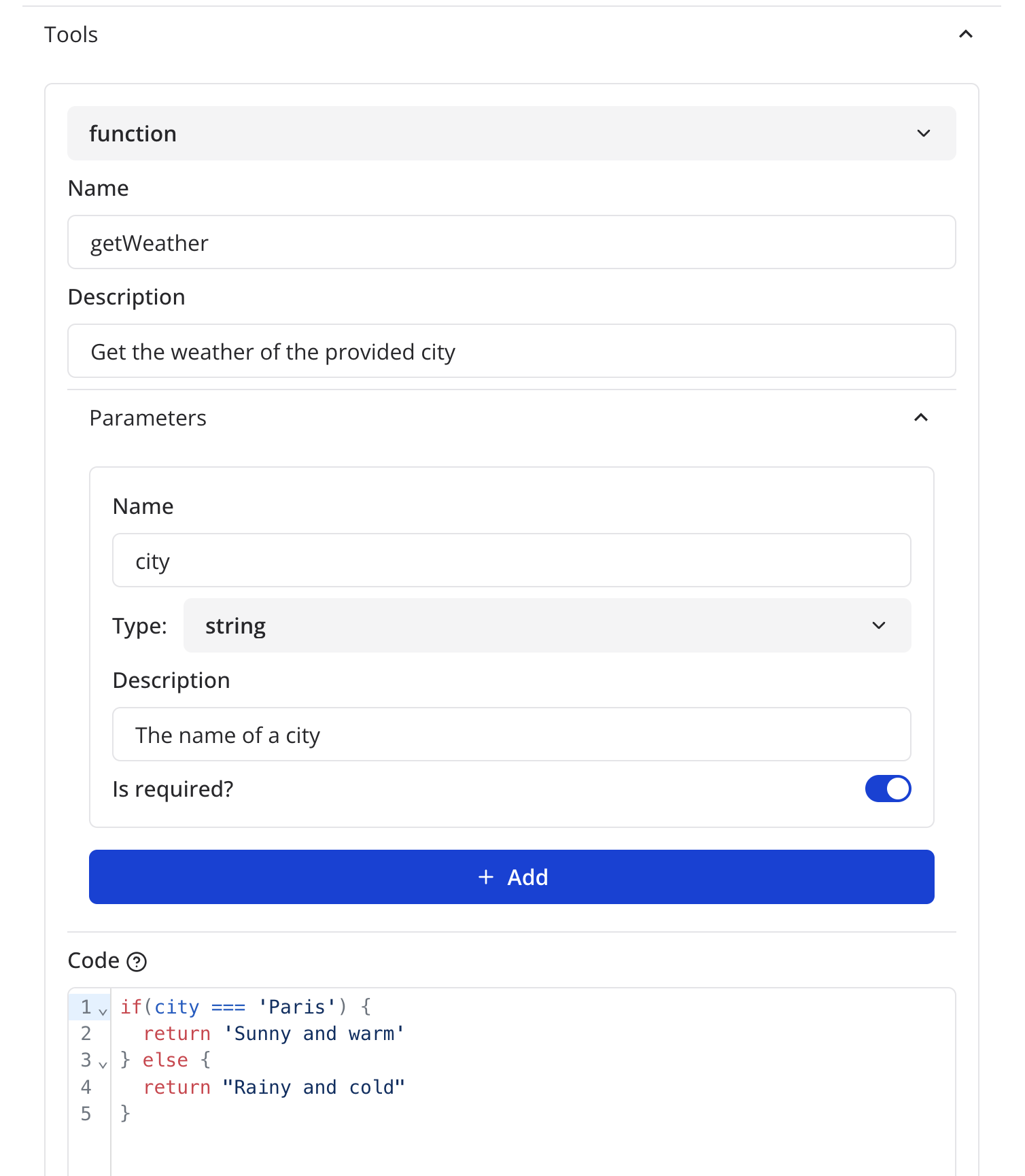 Defining a getWeather function in the OpenAI block