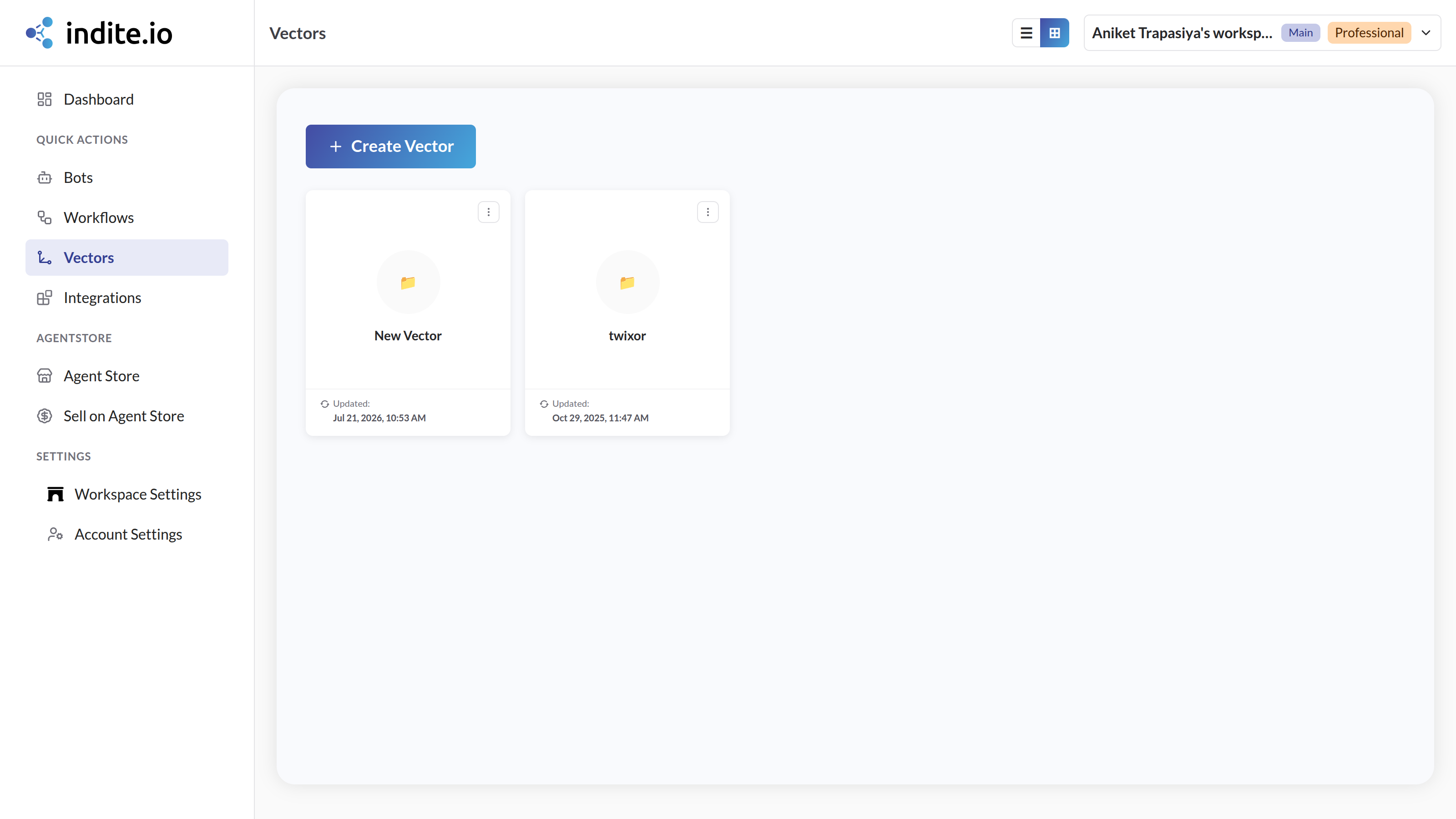 The Vectors page listing your workspace's knowledge bases