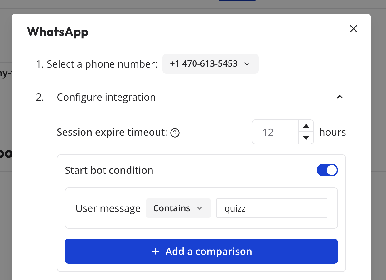 WhatsApp integration configuration panel